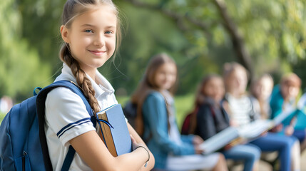 Smiling schoolgirl holding books in the school