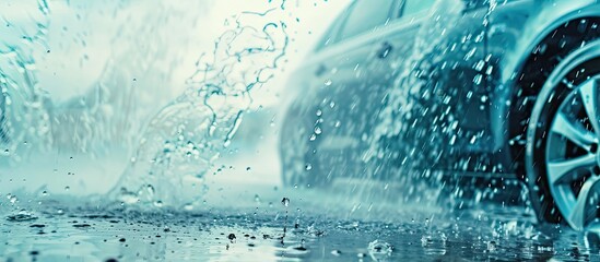 Abstract carwash banner, focus only on drops of water, jet spraying to car out of focus, toned in light blue color. Copy space image. Place for adding text and design