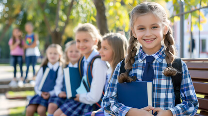 Smiling schoolgirl holding books in the school