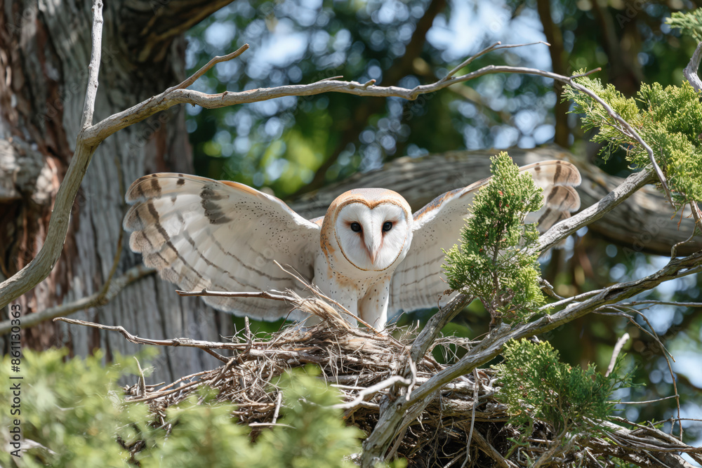 Wall mural Barn owl protecting nest spreading wings on branch - Wall murals