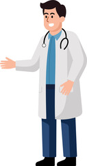 A smiling doctor in a white coat. flat style cartoon character.