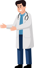 A smiling doctor in a white coat. flat style cartoon character.