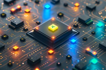 Advanced AI Microchip on Circuit Board with Vibrant Lights and Futuristic Tech Design