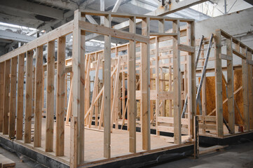 Production of new wooden modular houses. Construction site