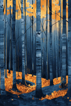 A painting of a forest with trees in the foreground and background