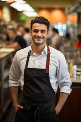 Fototapeta premium Worker in apron stands before food counte