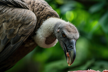 Vulture eating meat close up with blurred background