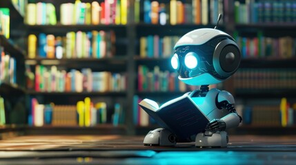 Fototapeta premium Cute little robot reading a book in the library