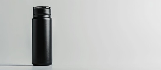 Reusable mug and tumbler. Black color sport flask isolated on a white background. Copy space image. Place for adding text or design