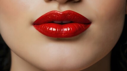Fototapeta premium Close-up beautiful young attractive woman with super bright red hot lipstick, sensual girl wearing stunning color makeup, flirty radiant female confident look beautiful womanly and feminine cosmetics