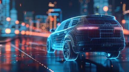 wireframe car concept on road and futuristic city on background SUV rear view, 3D rendering