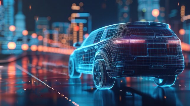 wireframe car concept on road and futuristic city on background SUV rear view, 3D rendering