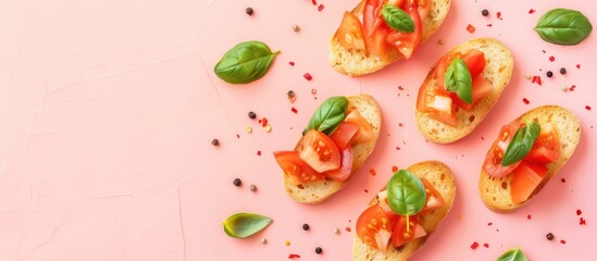Crackers bruschetta with spices Isolated on pastel background, top view. File contains clipping path. Copy space image. Place for adding text and design