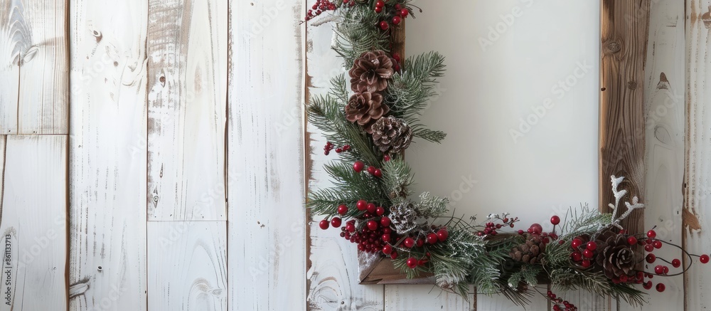 Wall mural a rustic mirror is decorated with a christmas garland. copy space image. place for adding text and d