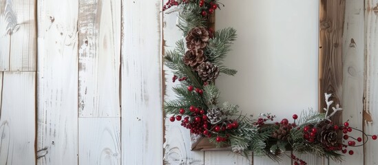 A rustic mirror is decorated with a Christmas garland. Copy space image. Place for adding text and design