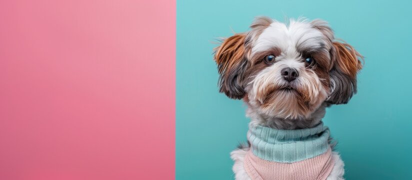 dressed puppiy shitzu in front of pastel background. Copy space image. Place for adding text and design