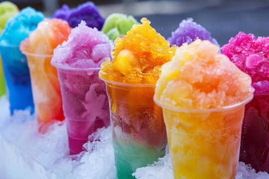 Colorful shaved ice cups with vibrant flavors, arranged in a row on a bed of ice, a refreshing and fun treat perfect for hot days