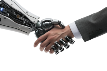 Close-up of a businessman shake hands a robot hands isolated on transparent background. Cooperation and Success concept