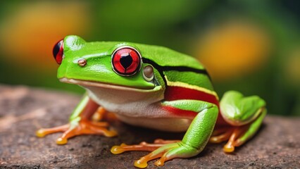 Green tree frog (Agalychnis callidryas) with red eyes, close-up.Terrarium, zoo laboratory. Nature, wildlife, biology, zoology, herpetology, science, education, graphic resource, design, 3D, copy space