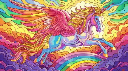 Obraz premium coloring book A beautiful unicorn with rainbow wings is flying over a rainbow. The unicorn is surrounded by clouds and stars.