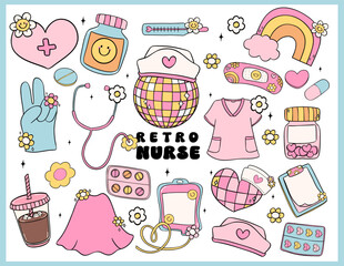 Retro groovy Disco nurse life with trendy vibrant pastel equipment doodle line drawings collection.