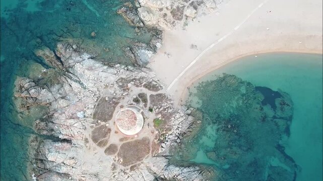 drone shot of torre di bari in barisardo sardegna, sardinia italy