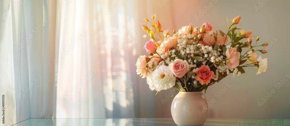 Canvas Prints flowers vase decorated on mirror table at living room. Copy space image. Place for adding text and design