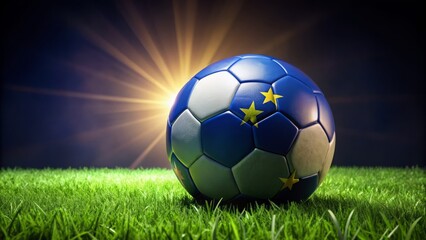 Fototapeta premium National flags of Germany, Scotland, Hungary, and Switzerland surround a soccer ball on lush green grass, symbolizing 2024 tournament.