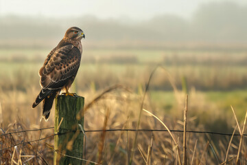 Hawk perched on fence post surveying misty countryside