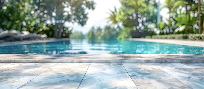 Summer pool background. Empty space on the pool edge, marble stone tiles and blurred swimming pool in tropical resort, summer background for display or montage your products. Copy space image
