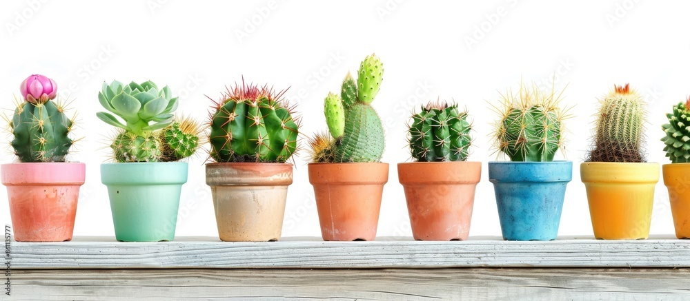 Sticker Cactus collection planted in pots. Copy space image. Place for adding text and design