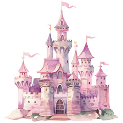 Fototapeta premium Enchanting Pink Fairy Tale Castle Illustration with Turrets and Flags