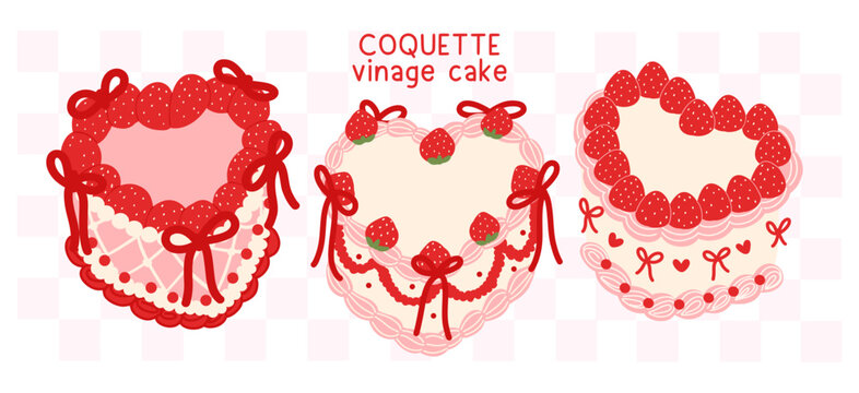 Coquette Vintage Heart shape Cake Strawberries with ribbon bow collection Illustration Groovy Retro Design banner