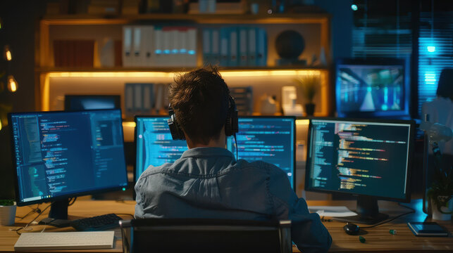 A focused software engineer writing code on multiple computer screens in a tech startup office.