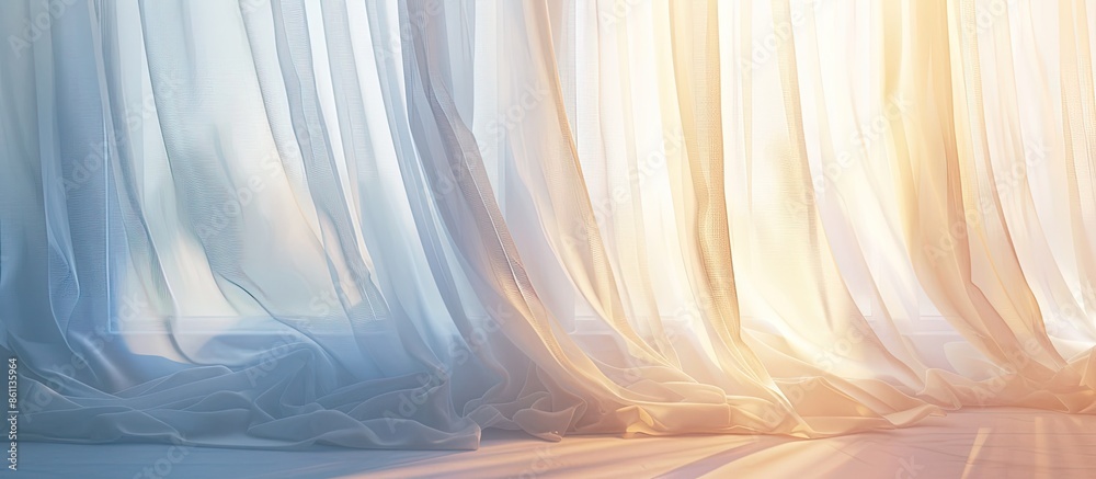 Poster white curtain with warm light in the room. copy space image. place for adding text and design