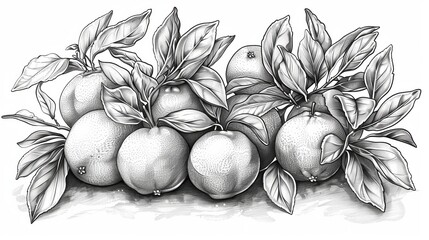 coloring book Black and white drawing of a branch of an apple tree with leaves and apples.