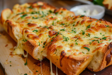 Freshly baked garlic cheese bread with a golden crust and melted mozzarella, a delicious and savory addition to any meal