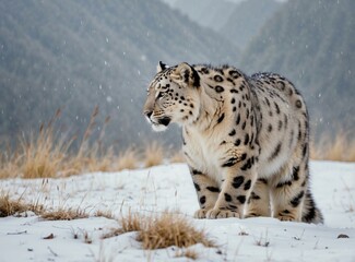 Obraz premium A snow leopard walks through the snow in the mountains. AI.