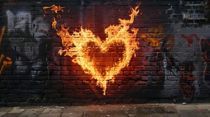 Flaming Heart Graffiti on Brick Wall