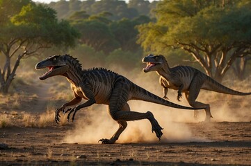 Fototapeta premium Two dinosaurs are running through a forest. AI.