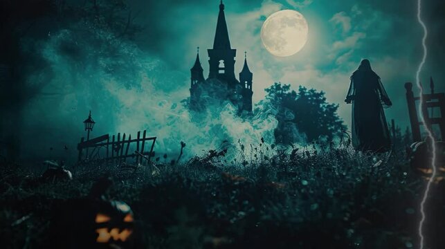 halloween night scene with castle
