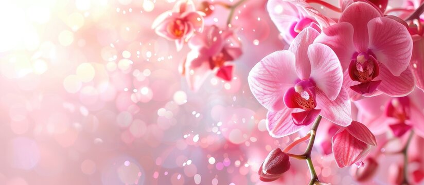 Different types of orchid and its beauty pastel background. Copy space image. Place for adding text and design