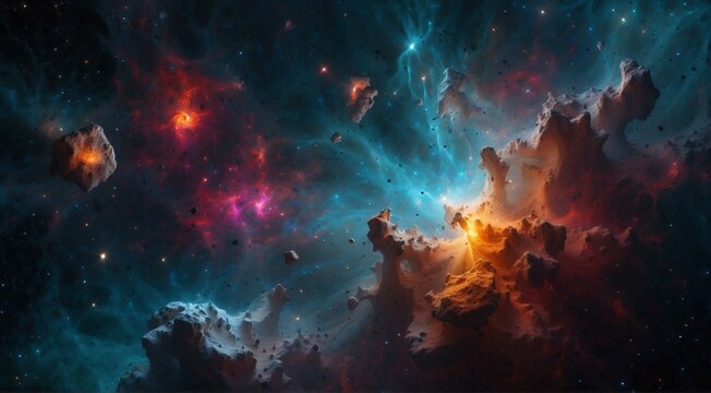 An abstract painting of a colorful nebula with asteroids. AI.