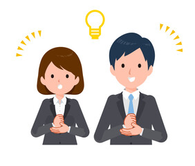 スーツを着たビジネスピープル男女。アイデアを思いつくジェスチャー。