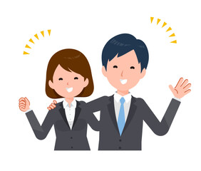 スーツを着たビジネスピープル男女。笑顔で肩を組みあうポーズ。