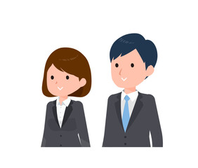 スーツを着たビジネスピープル男女。普通の表情、微笑み。斜め向き。