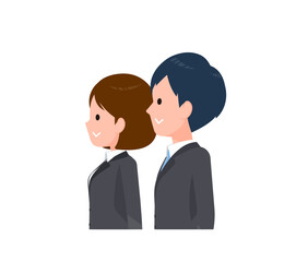 スーツを着たビジネスピープル男女。普通の表情、微笑み。横向き。