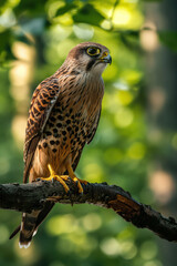 Common kestrel perched on a branch looking out for prey
