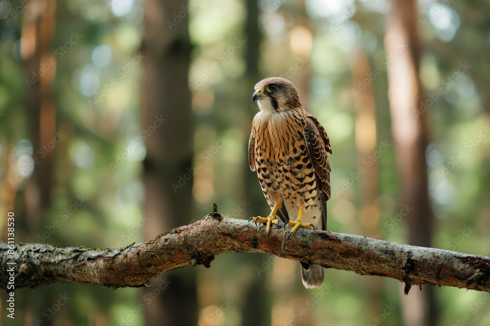 Wall mural Kestrel perched on branch surveying forest landscape