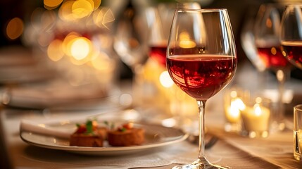 Naklejka premium Wine glasses, food, and candles elegantly arranged on a table.